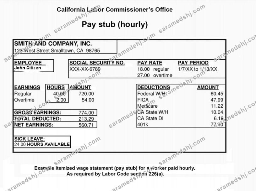 CALIFORNIA Labor Commissioner's office paystub in word and PDF formats
